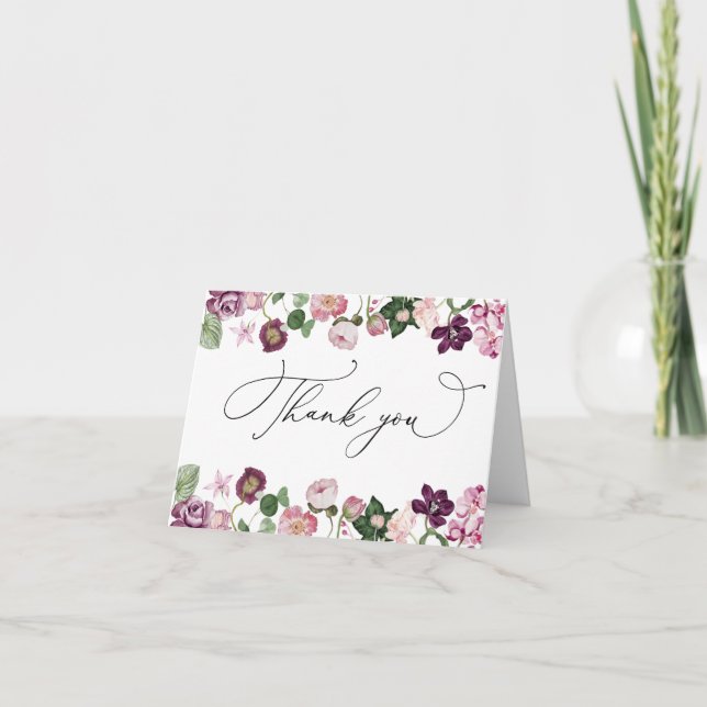 Purple Flowers Modern Bridal Shower Thank You Card (Front)