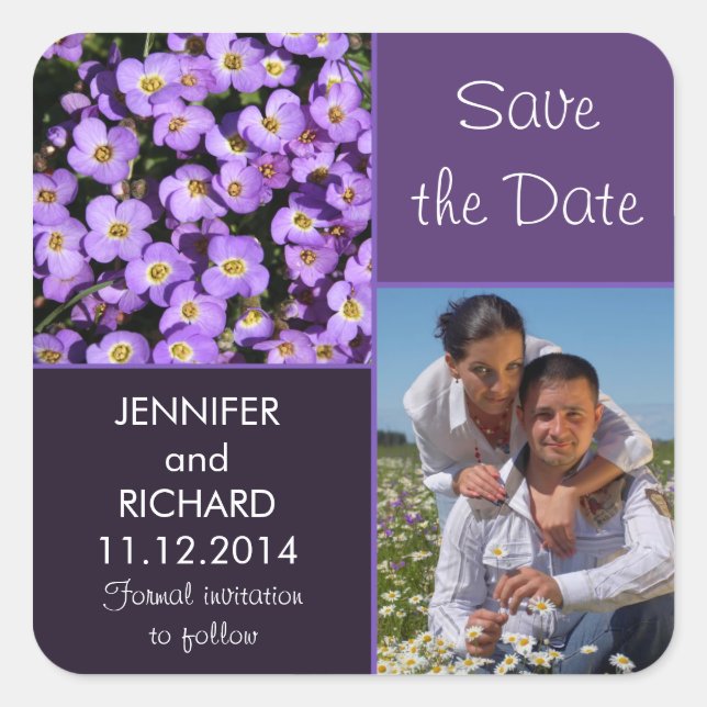 purple flowers modern save the date photo sticker (Front)