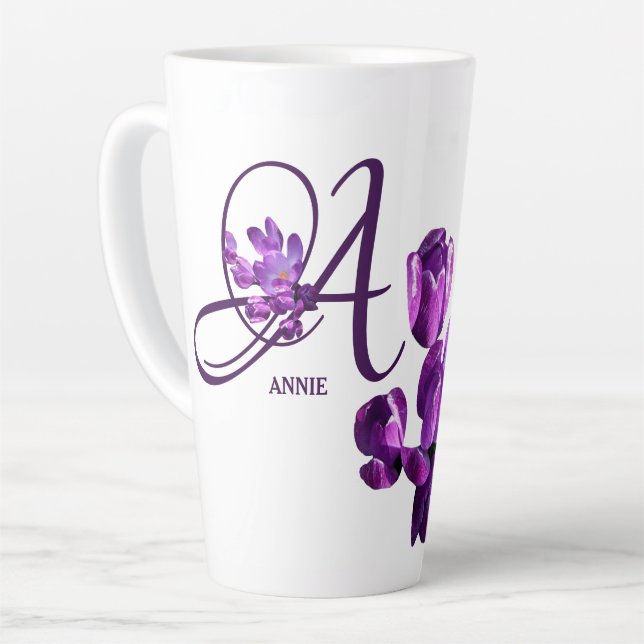 Purple flowers monogram A personalised customizabe Latte Mug (Left Angle)