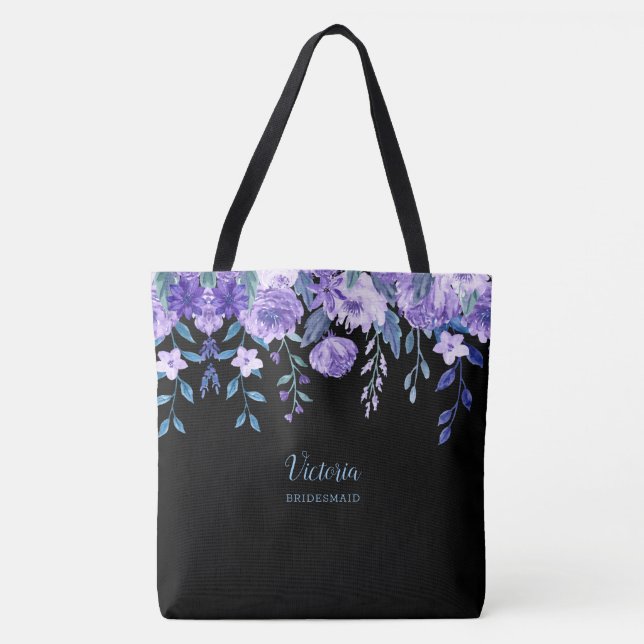Purple Flowers Monogrammed Tote Bag (Front)