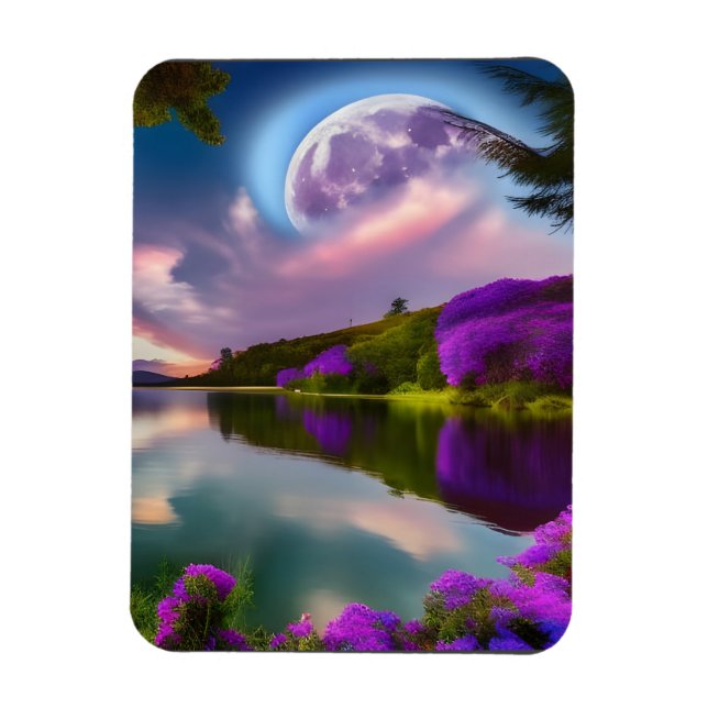Purple flowers Moon and lake reflection Magnet (Vertical)