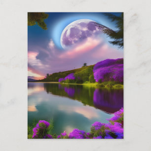 Purple flowers Moon and lake reflection Postcard