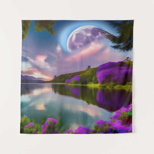 Purple flowers Moon and lake reflection Tapestry (Front)