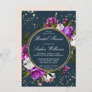 Purple Flowers & Navy Blue Bridal Shower Invitation