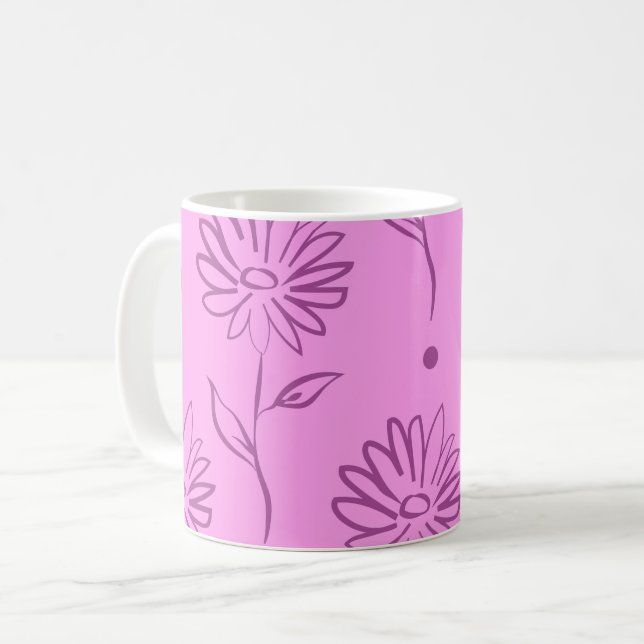 Purple Flowers Outline Pattern Coffee Mug (Front Left)