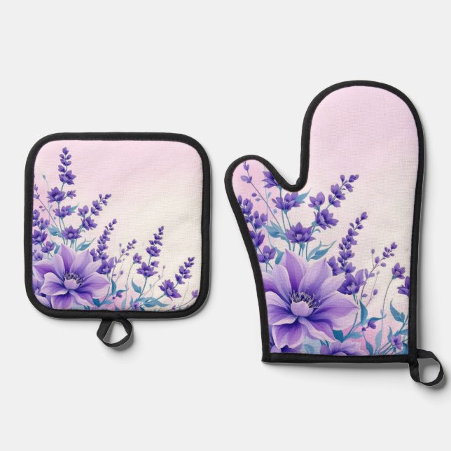 Purple Flowers  Oven Mitt & Pot Holder Set (Front)