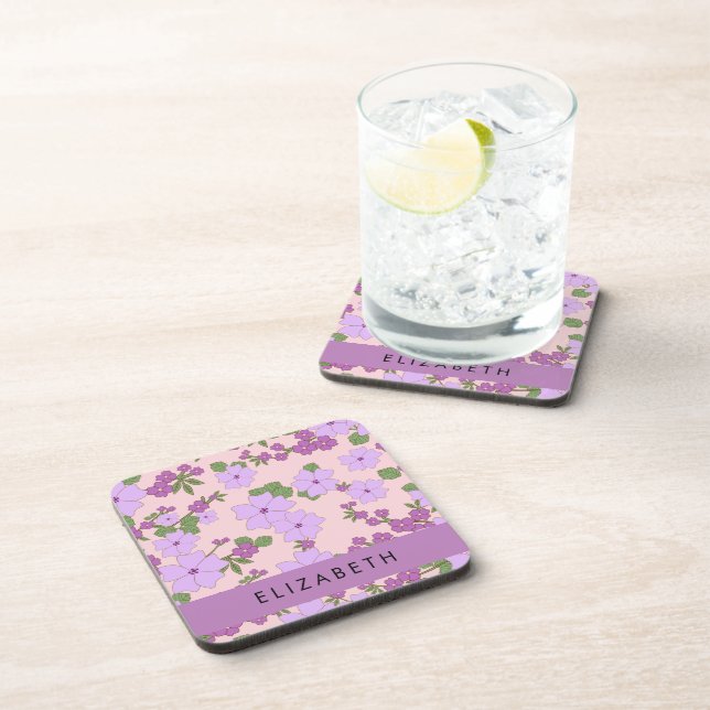 Purple Flowers, Pattern Of Flowers, Your Name Coaster (Right Side)