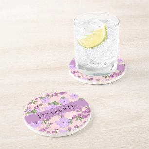 Purple Flowers, Pattern Of Flowers, Your Name Coaster