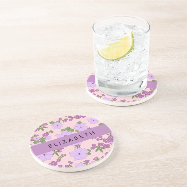 Purple Flowers, Pattern Of Flowers, Your Name Coaster (Side)
