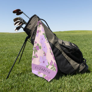 Purple Flowers, Pattern Of Flowers, Your Name Golf Towel