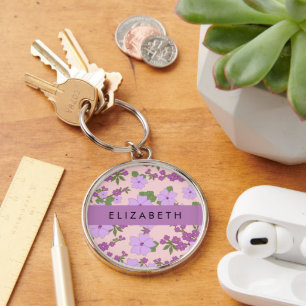 Purple Flowers, Pattern Of Flowers, Your Name Key Ring