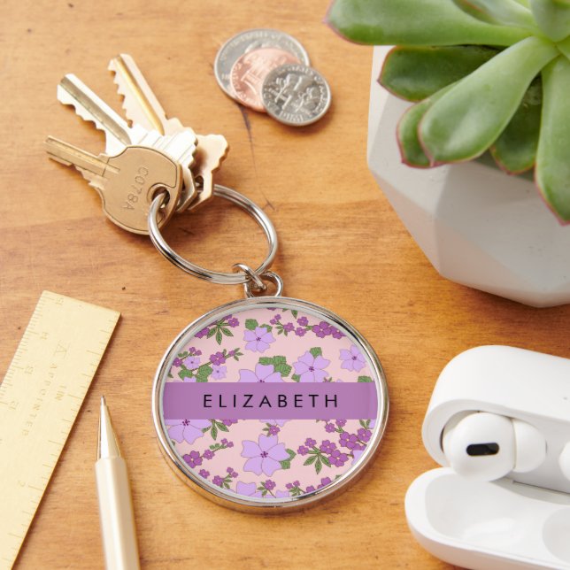 Purple Flowers, Pattern Of Flowers, Your Name Key Ring (Desk)