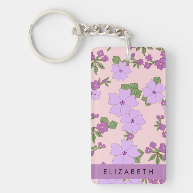 Purple Flowers, Pattern Of Flowers, Your Name Key Ring (Front)