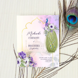 Purple flowers peacock budget mehndi invitation