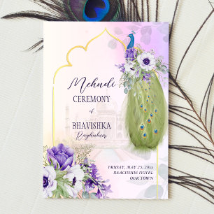 Purple flowers, peacock mehndi invitation