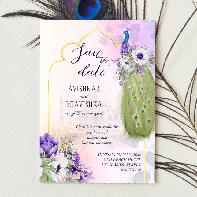 Purple flowers peacock save the date invitation (Creator Uploaded)
