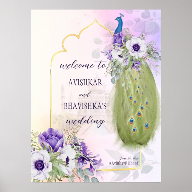 Purple flowers peacock wedding welcome sign (Front)