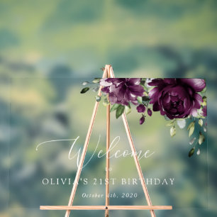 Purple Flowers, Plum Flowers, Birthday Welcome Acrylic Sign