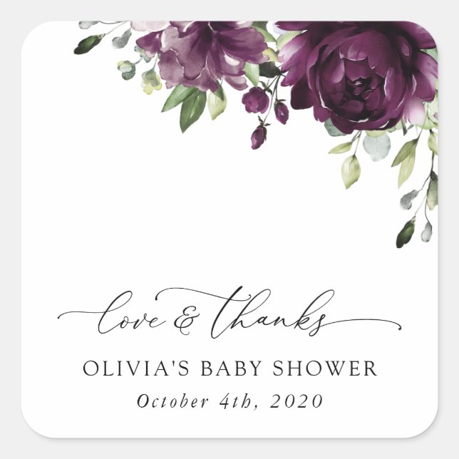 Purple Flowers, Plum Flowers, Boho, Baby Shower Square Sticker (Front)