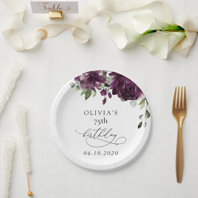 Purple Flowers, Plum Flowers, Boho, Birthday Paper Plate (Wedding)