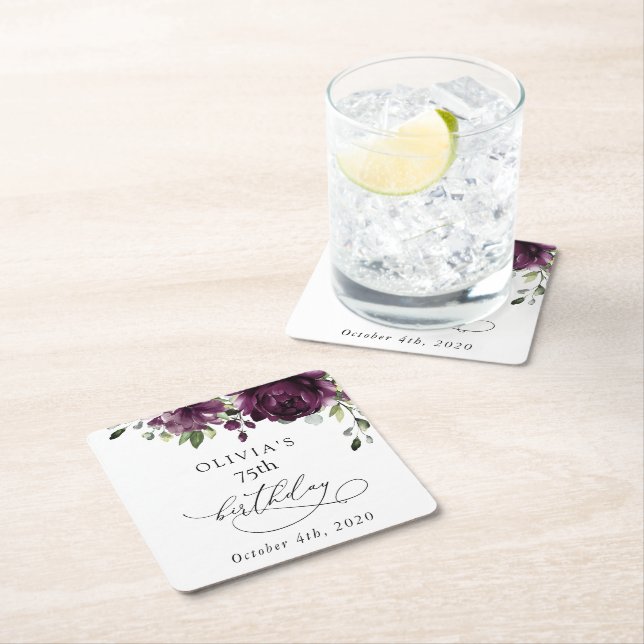 Purple Flowers, Plum Flowers, Boho, Birthday Square Paper Coaster (Insitu)