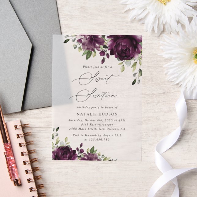Purple Flowers, Plum Flowers, Boho, Sweet 16 Vellum Invitations (Wedding)