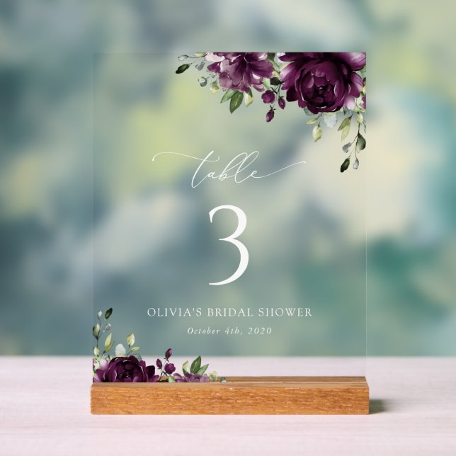 Purple Flowers, Plum Flowers, Boho, Table Numbers Acrylic Sign (Neutral)
