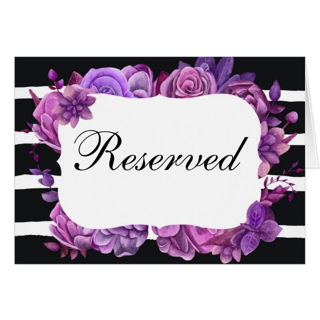 Purple flowers reserved sign. Wedding striped (Front Horizontal)