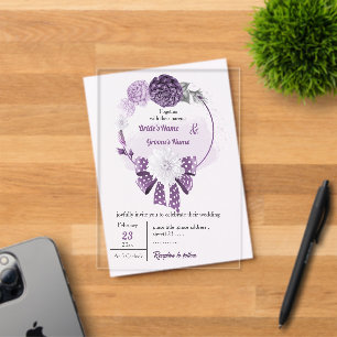 purple flowers & ribbon floral wreath wedding acrylic invitations