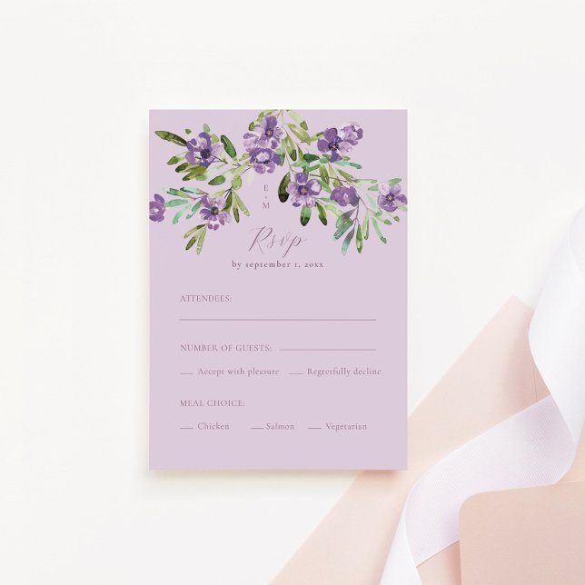 Purple Flowers Romantic Calligraphy Meal Choice RSVP Card (Creator Uploaded)