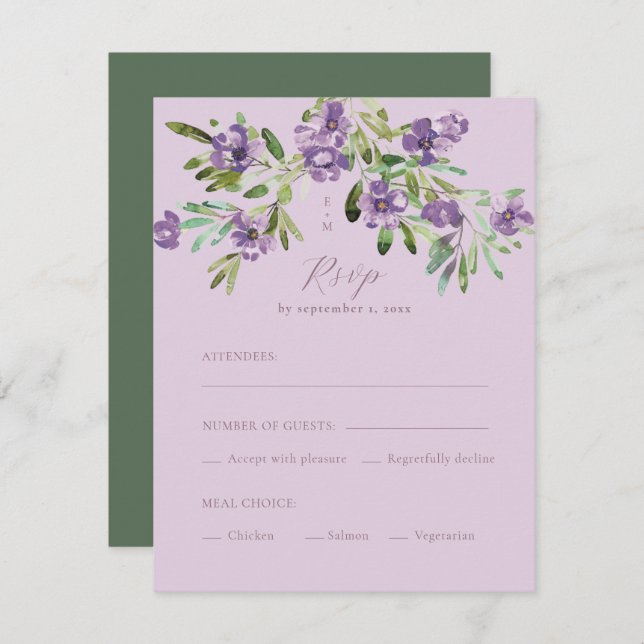 Purple Flowers Romantic Calligraphy Meal Choice RSVP Card (Front/Back)
