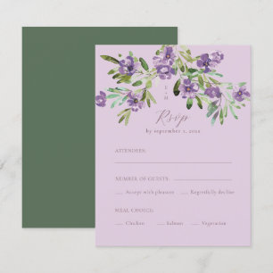 Purple Flowers Romantic Calligraphy Meal Choice RSVP Card