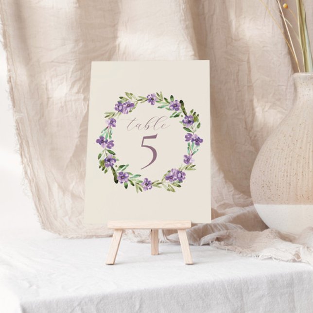Purple Flowers Romantic Calligraphy Wedding Table Number (Creator Uploaded)