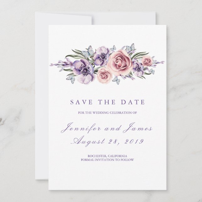 Purple Flowers Romantic Save the Date (Front)