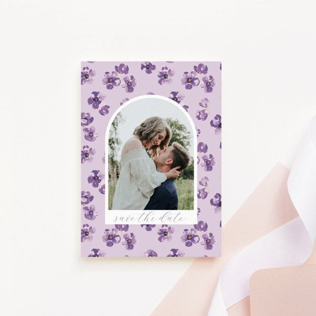 Purple Flowers Romantic Script Arch Photo Save The Date (Creator Uploaded)