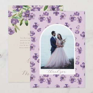 Purple Flowers Romantic Script Arch Photo Thank You Card