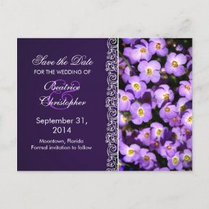 purple flowers save the date postcards
