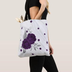 purple flowers silver leaves marble tote bag