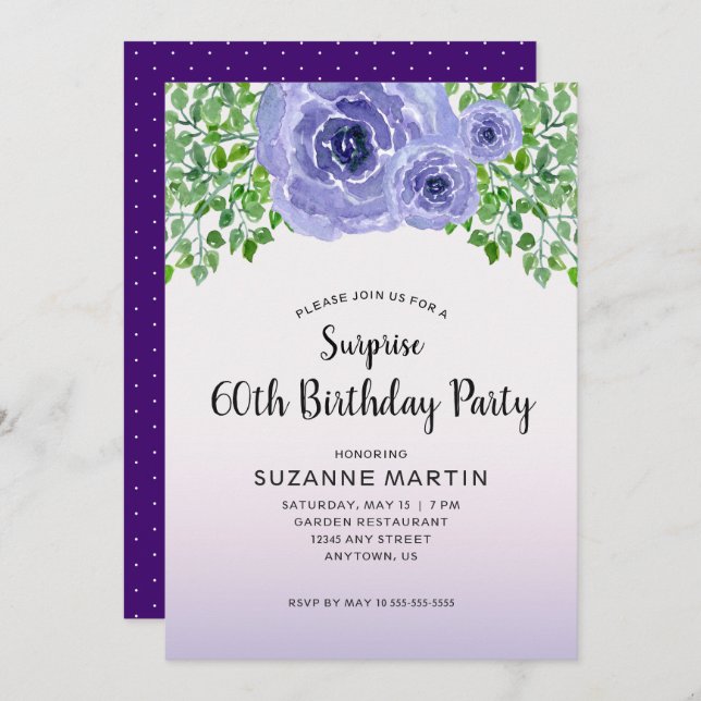 Purple Flowers Surprise 60th Birthday Invitation (Front/Back)