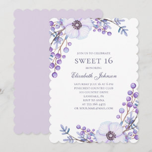 Purple flowers Sweet 16. Floral 16th birthday Invitation