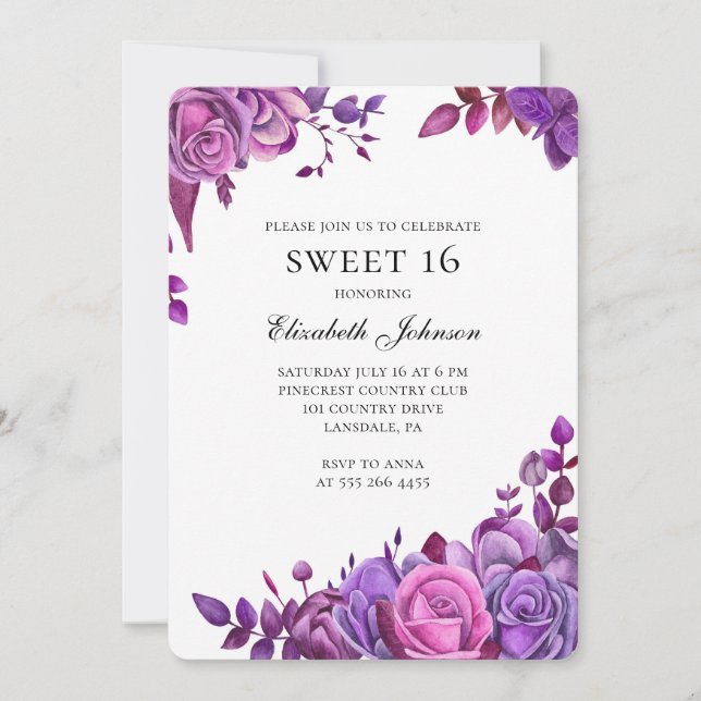 Purple flowers sweet 16. Pink floral 16th birthday Invitation (Front)