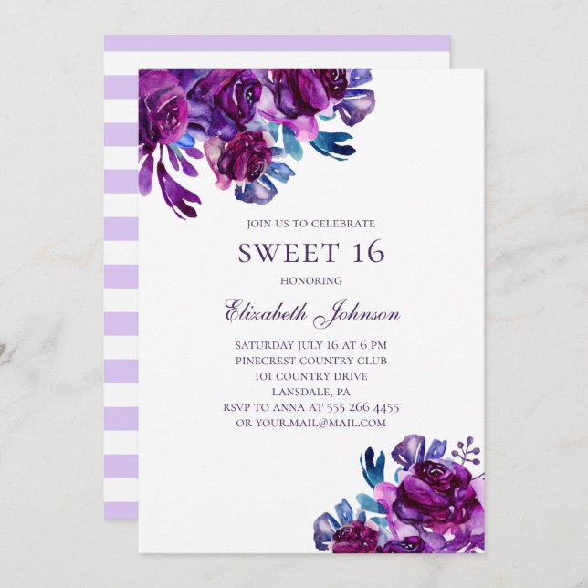 Purple flowers Sweet 16. Violet floral birthday Invitation (Front/Back)