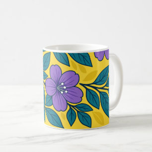 Purple Flowers & Teal Leaves on Yellow Background Coffee Mug