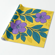Purple Flowers & Teal Leaves on Yellow Background