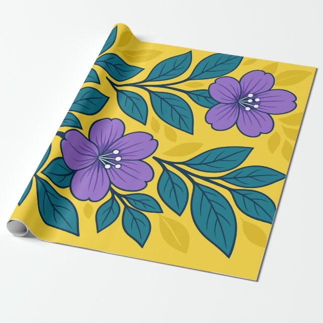 Purple Flowers & Teal Leaves on Yellow Background Wrapping Paper (Unrolled)