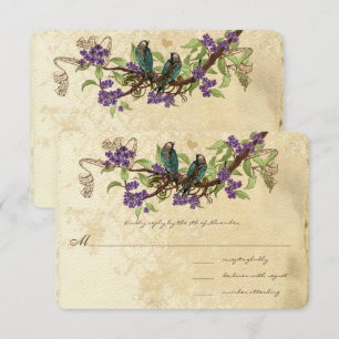 Purple Flowers Teal Vintage Birds Wedding RSVP Invitation