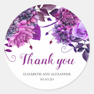 Purple flowers thank you. Violet Floral wedding Classic Round Sticker