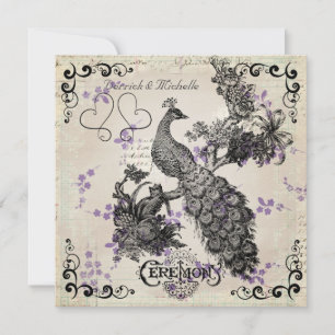Purple Flowers Vintage Peacock Wedding Invitation