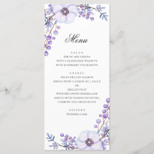 Purple flowers. Violet floral wedding dinner Menu
