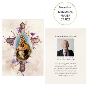 Purple Flowers Virgin Mary Funeral Prayer Card